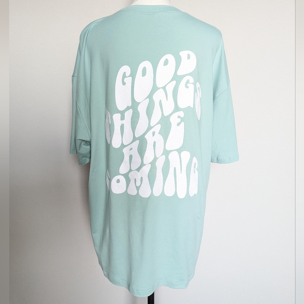 Pastel green and white Good things are coming oversized t-shirt size M
